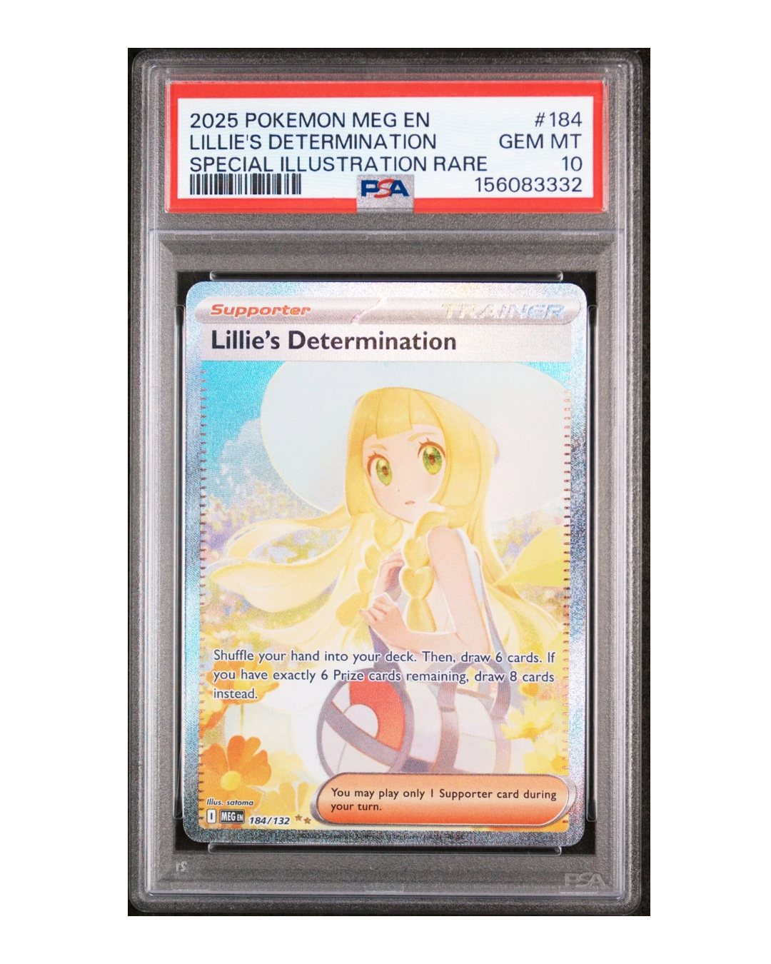 VaultifyUK PSA 10 Lillie's Determination 184/132 Pokémon card featuring Special Illustration Rare artwork.