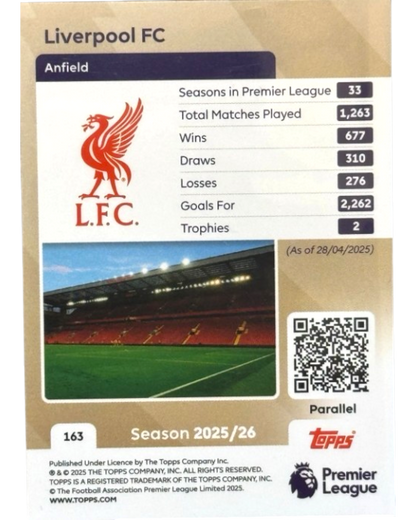 VaultifyUK 2025/26 Topps Premier League Liverpool FC Champions yellow parallel trading card back view
