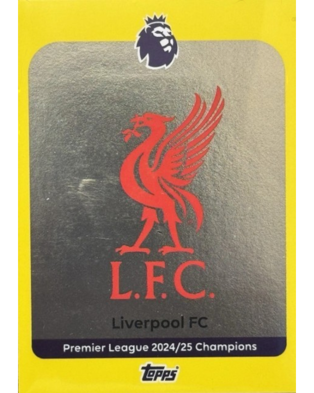 VaultifyUK 2025/26 Topps Premier League Liverpool FC Champions badge card in a yellow parallel design.