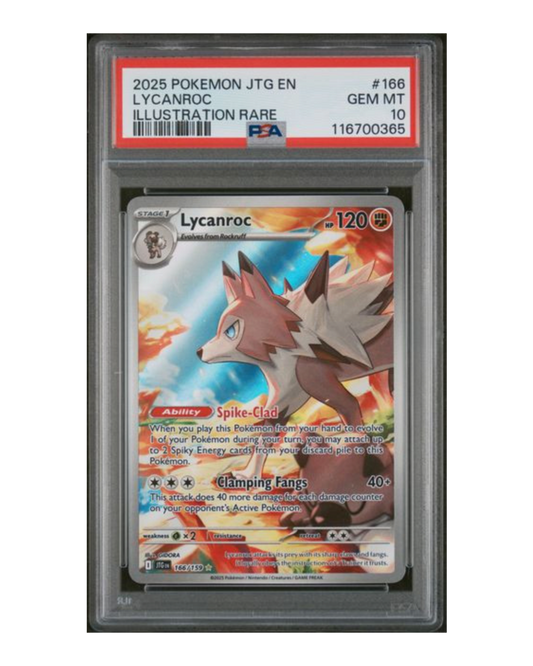 VaultifyUK 2025 Pokémon Lycanroc Illustration Rare card #166/159 in a PSA 10 graded slab