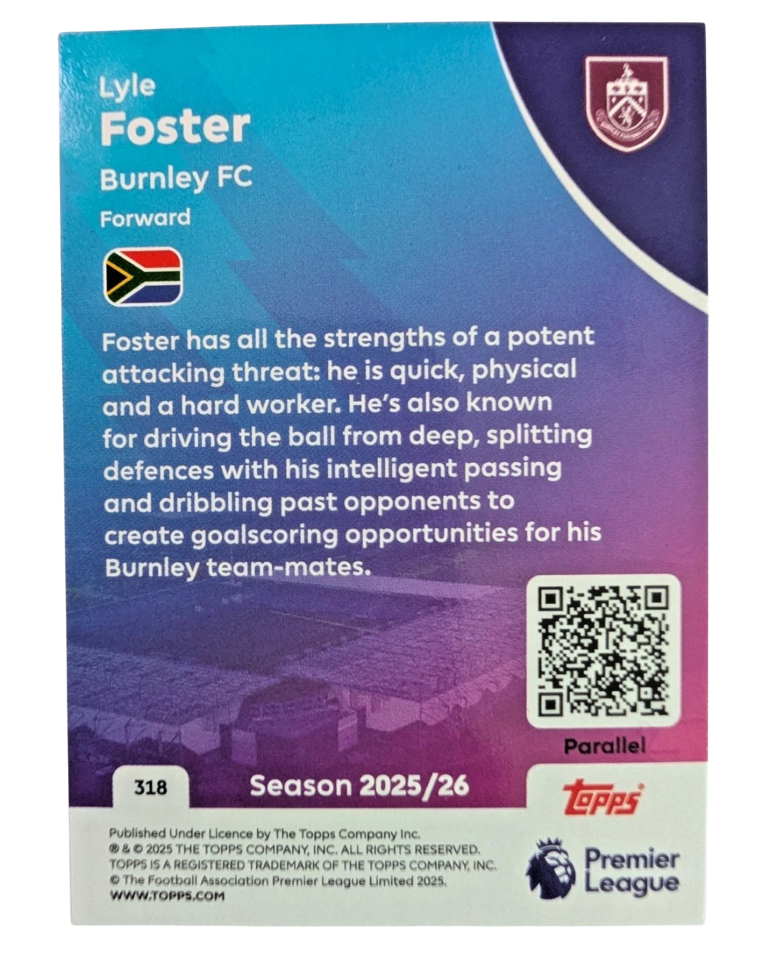 VaultifyUK Topps Premier League 2025/26 Lyle Foster Burnley FC trading card back showing player stats and details