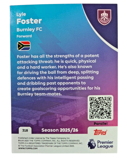 VaultifyUK Topps Premier League 2025/26 Lyle Foster Burnley FC trading card back showing player stats and details