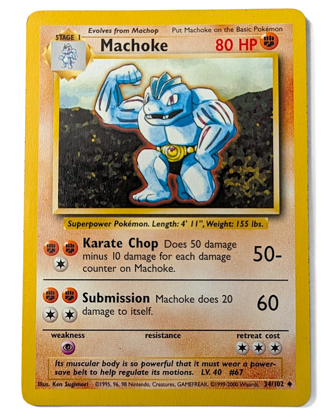 VaultifyUK Machoke 34/102 Base Set UK 4th Print trading card in Near Mint condition with 1999-2000 copyright text.