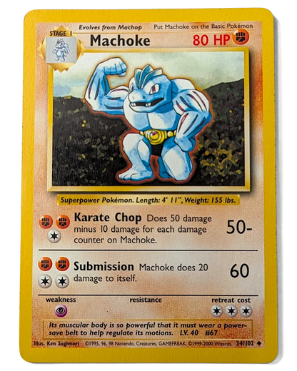 VaultifyUK Machoke 34/102 Base Set UK 4th Print trading card in Near Mint condition with 1999-2000 copyright text.