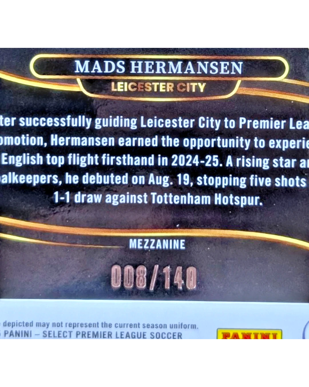 VaultifyUK Mads Hermansen 2024/25 Panini Select Premier League rookie card back showing serial number 008/140