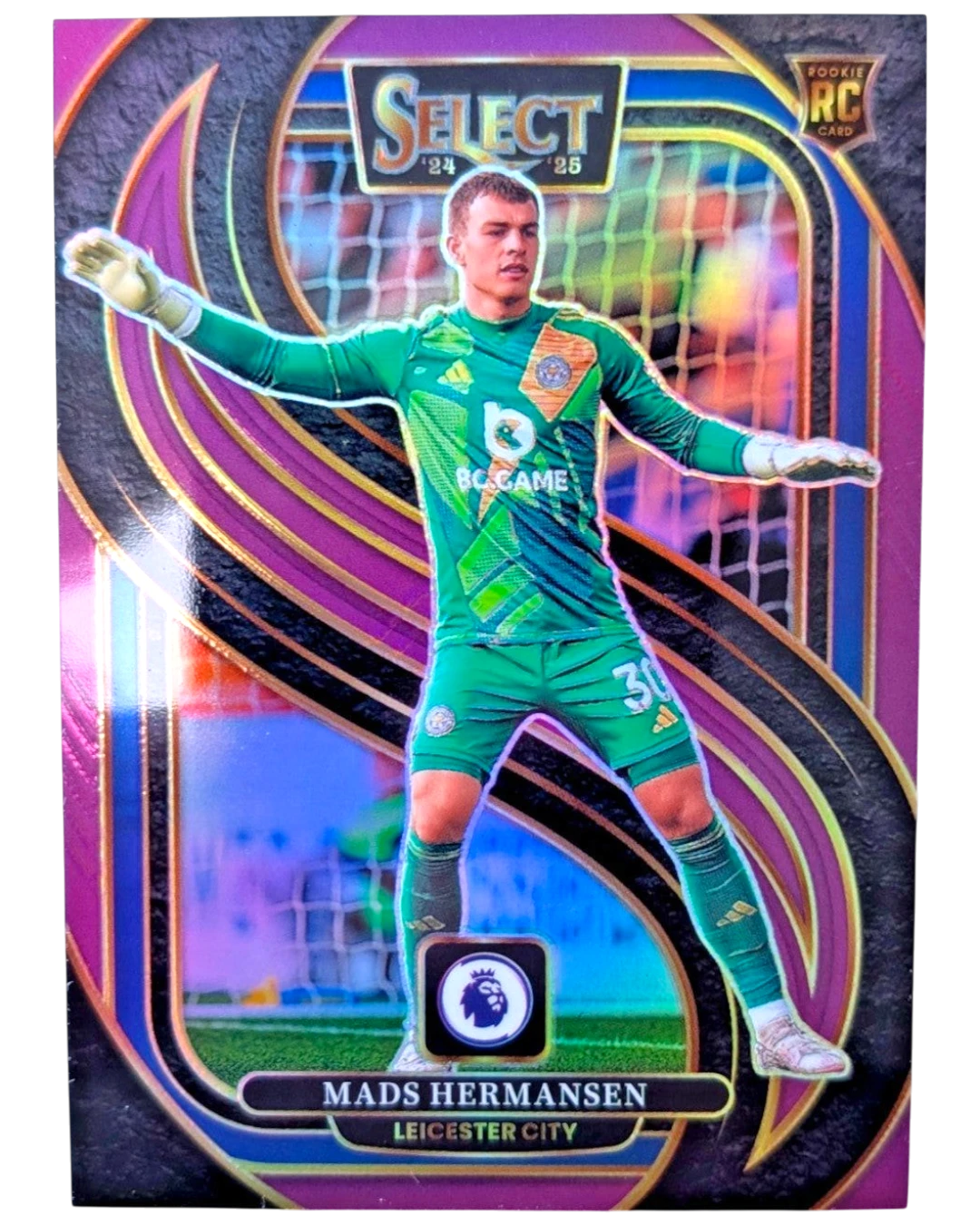 VaultifyUK 2024/25 Panini Select Premier League Mads Hermansen rookie card featuring a purple and gold foil design.