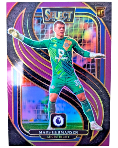 VaultifyUK 2024/25 Panini Select Premier League Mads Hermansen rookie card featuring a purple and gold foil design.