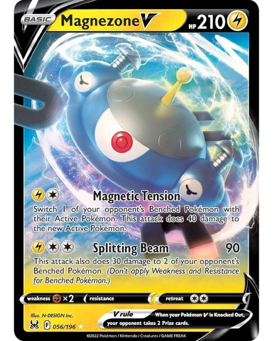 VaultifyUK Magnezone V 056/196 Lost Origin holofoil Pokémon card with electric blue design and lightning type symbol.