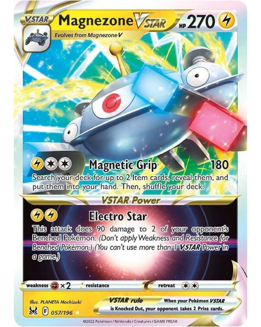 VaultifyUK Magnezone VSTAR 057/196 Lost Origin holofoil Pokemon card with dynamic Electric-type artwork