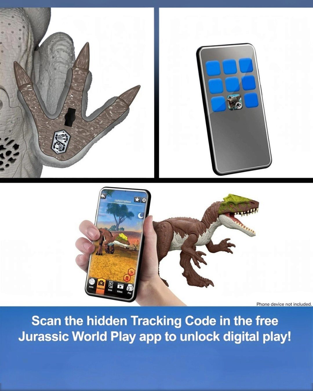 VaultifyUK Jurassic World Rebirth Maiasaura action figure showing the tracking code scan feature on a smartphone app