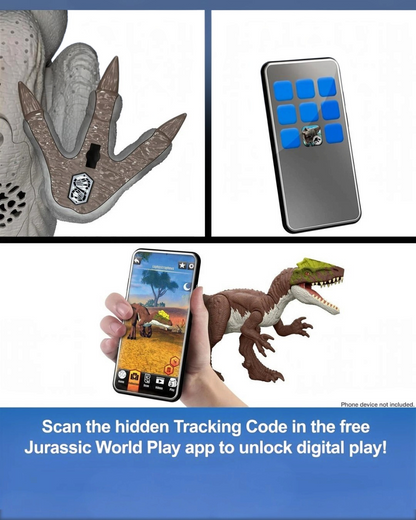 VaultifyUK Jurassic World Rebirth Maiasaura action figure showing the tracking code scan feature on a smartphone app