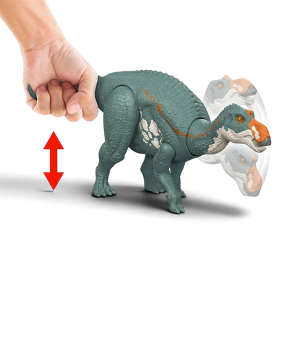 VaultifyUK Jurassic World Rebirth Maiasaura action figure with teal skin and orange snout, tail-activated roar motion