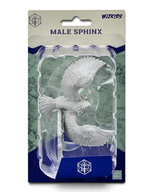 VaultifyUK Critical Role male Sphinx unpainted miniature in blister packaging with detailed sculpted wings