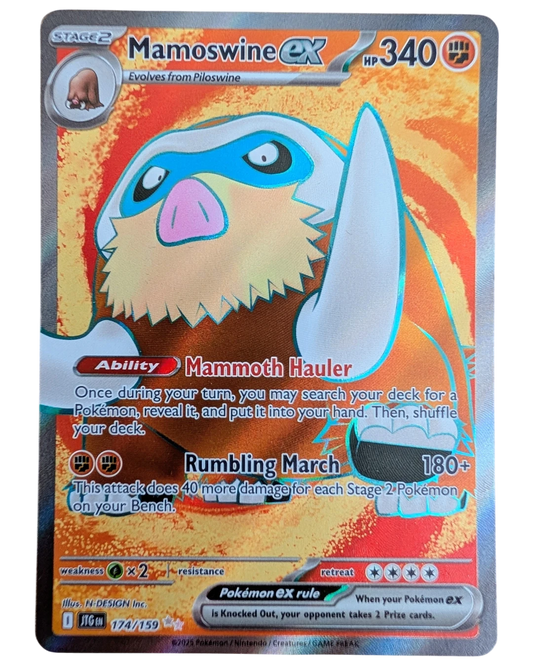 VaultifyUK Mamoswine ex 174/159 Ultra Rare full-art Pokémon card with vibrant orange and brown design.