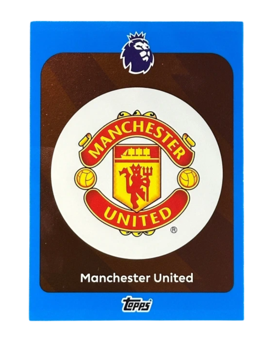 VaultifyUK 2025/26 Topps Premier League Manchester United badge trading card in a blue parallel border design.
