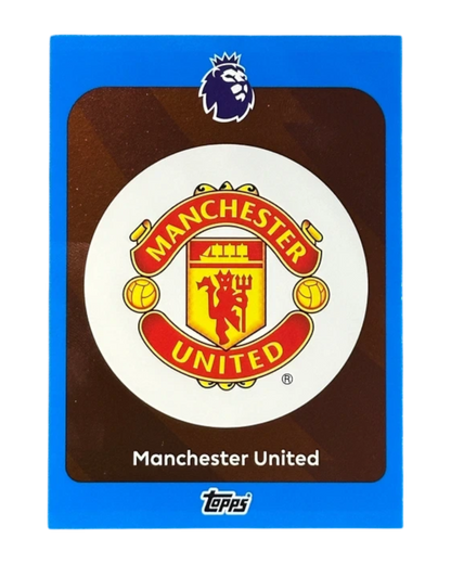VaultifyUK 2025/26 Topps Premier League Manchester United badge trading card in a blue parallel border design.