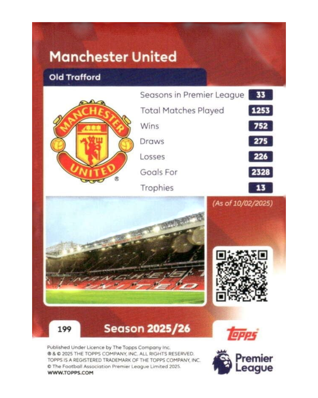 VaultifyUK 2025/26 Topps Premier League Manchester United badge card, blue parallel edition with club statistics.
