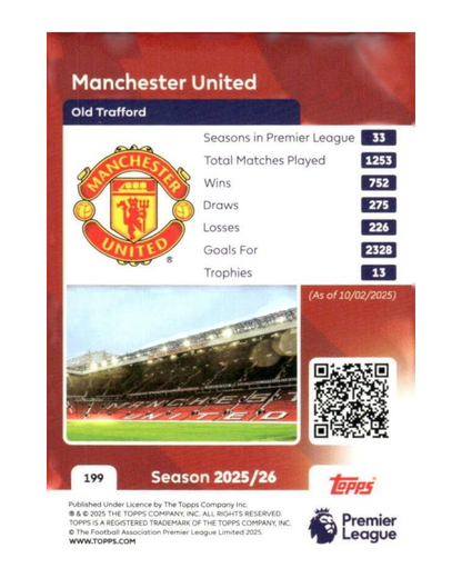 VaultifyUK 2025/26 Topps Premier League Manchester United badge card, blue parallel edition with club statistics.