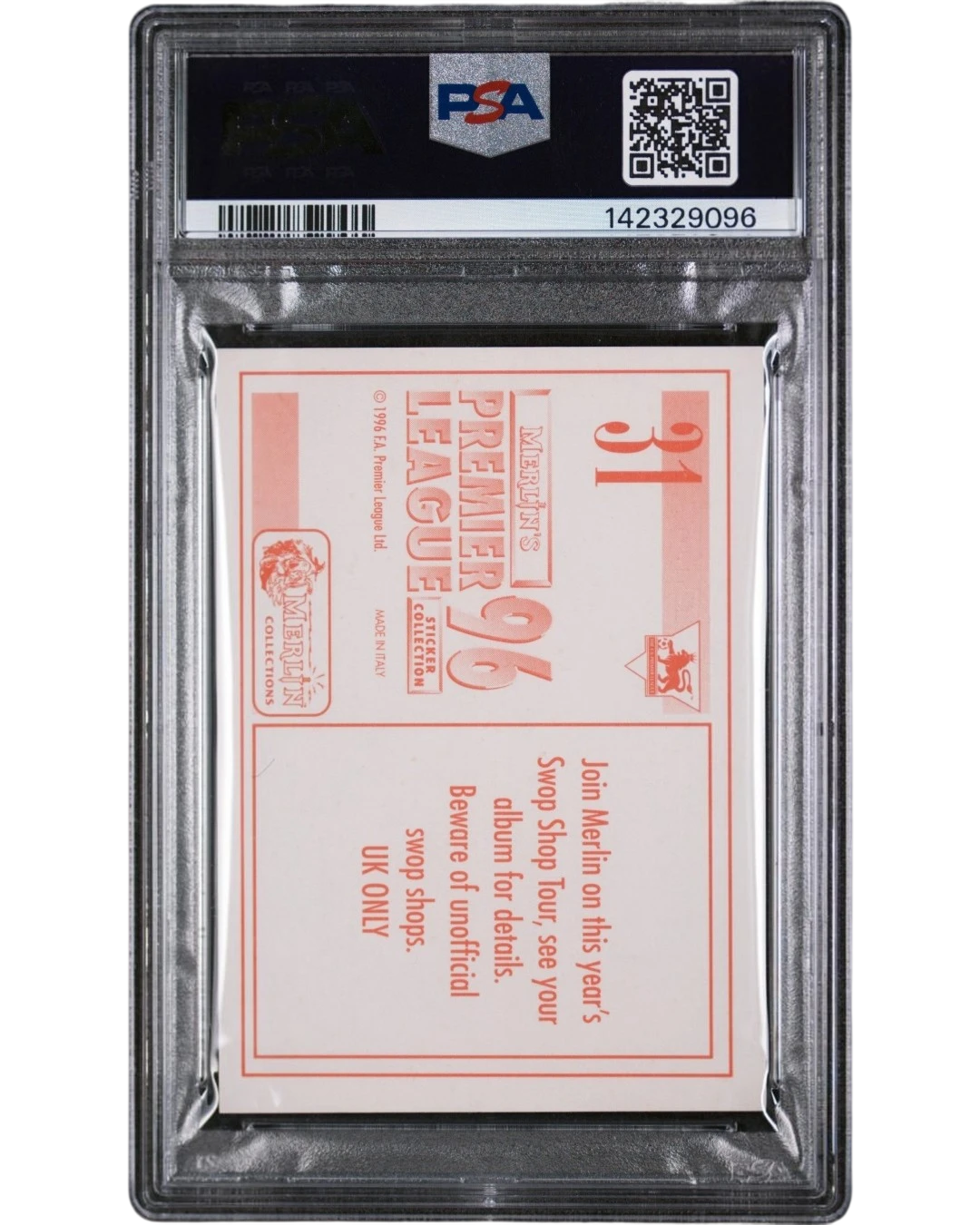 VaultifyUK 1995 Merlin Premier League Manchester United team sticker #31 in a PSA 4 graded slab, back view.