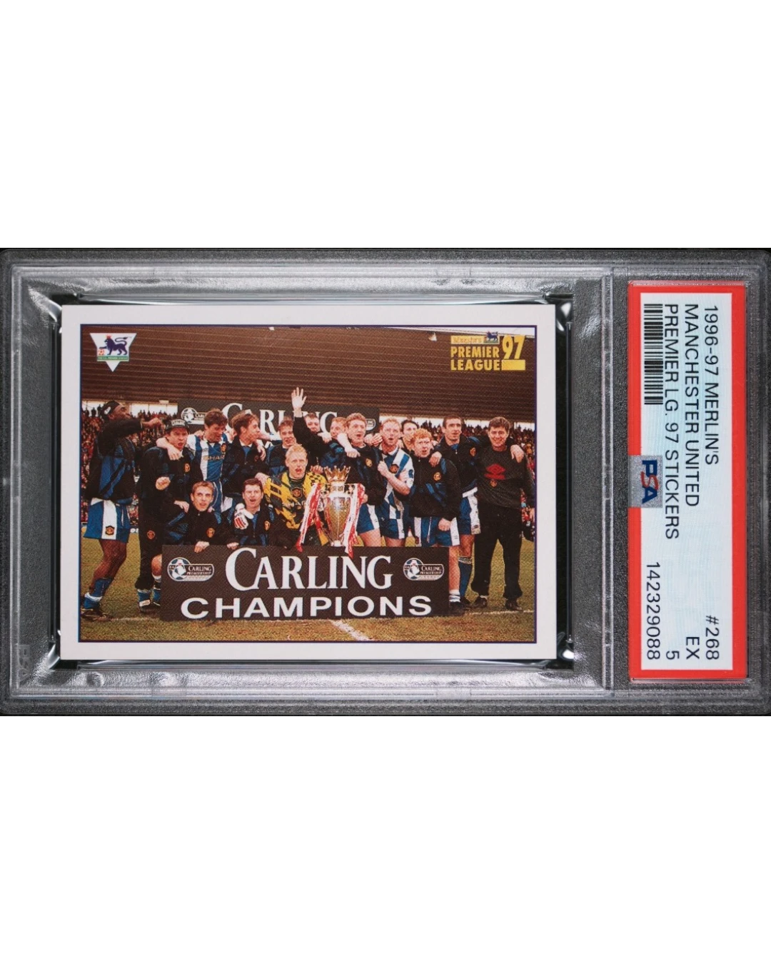 VaultifyUK 1996 Merlin Manchester United team sticker #268 in a PSA 5 EX graded slab featuring the Carling Champions squad