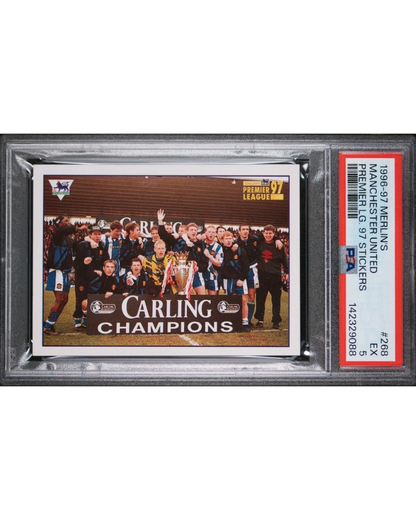 VaultifyUK 1996 Merlin Manchester United team sticker #268 in a PSA 5 EX graded slab featuring the Carling Champions squad