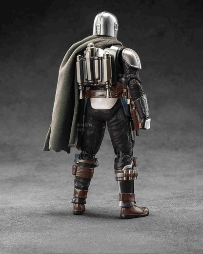 VaultifyUK ZD Toys 1/10 scale Mandalorian action figure seen from behind with detailed silver armor and fabric cape