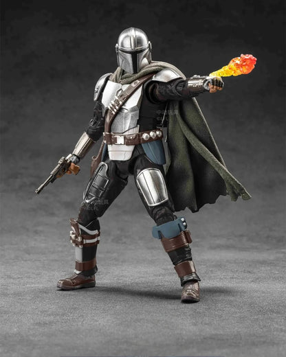 VaultifyUK ZD Toys 1/10 scale Mandalorian action figure with fabric cape, blaster, and flame effect accessory.