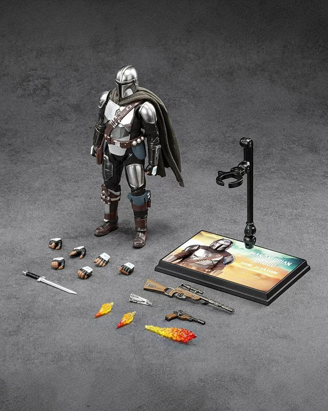 VaultifyUK ZD Toys 1/10 scale Mandalorian action figure with fabric cape, interchangeable hands, weapons, and display base.
