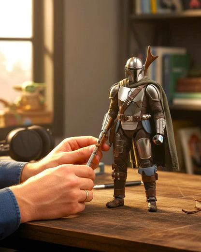 VaultifyUK ZD Toys 1/10 scale Mandalorian action figure with fabric cape and rifle held by hands on a wooden desk