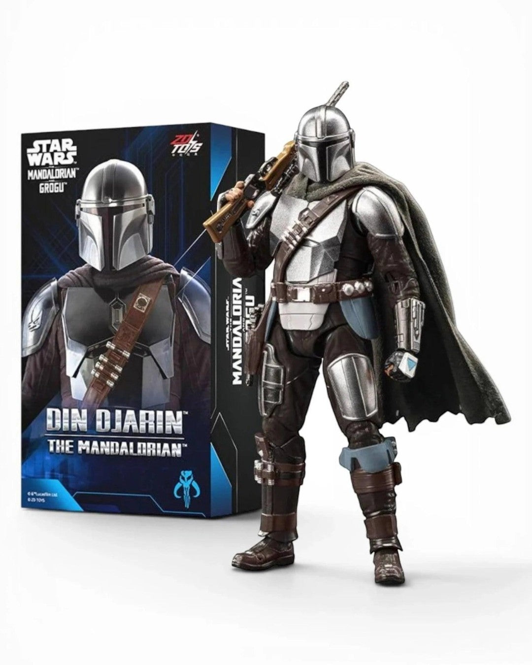 VaultifyUK ZD Toys 1/10 scale Din Djarin Mandalorian action figure with metallic armour, fabric cape, and rifle.
