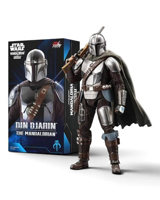 VaultifyUK ZD Toys 1/10 scale Din Djarin Mandalorian action figure with metallic armour, fabric cape, and rifle.