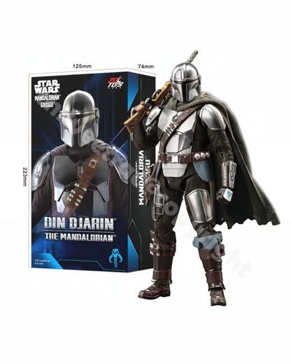 VaultifyUK ZD Toys 1/10 scale Mandalorian action figure with silver beskar armour, fabric cape, and blaster rifle.