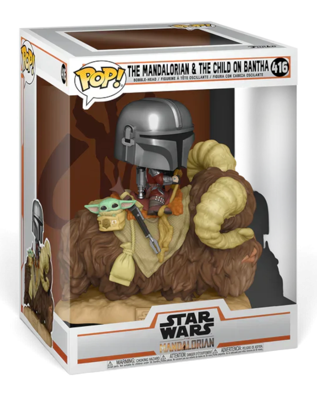 VaultifyUK Funko Pop! Deluxe Star Wars figure featuring The Mandalorian and Grogu riding a brown Bantha in a box.