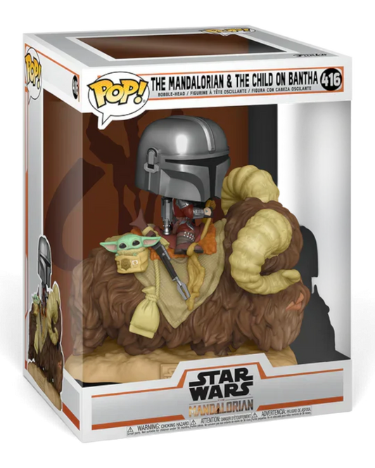 VaultifyUK Funko Pop! Deluxe Star Wars figure featuring The Mandalorian and Grogu riding a brown Bantha in a box.