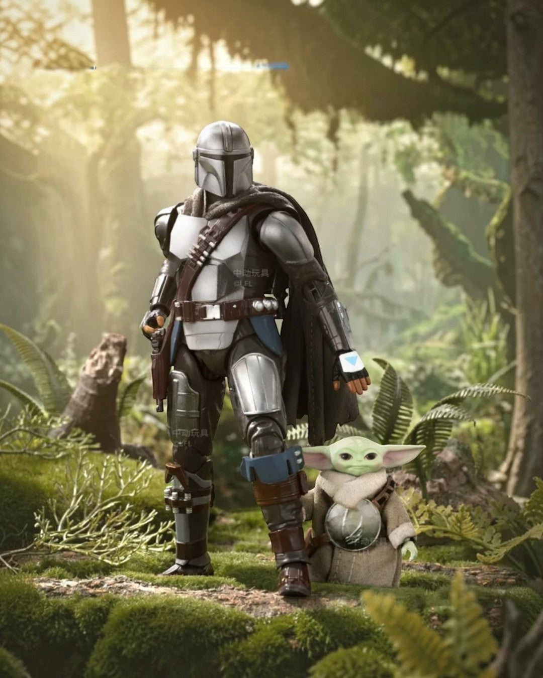 VaultifyUK ZD Toys 1/10 scale Mandalorian and Grogu action figure set standing in a detailed forest display
