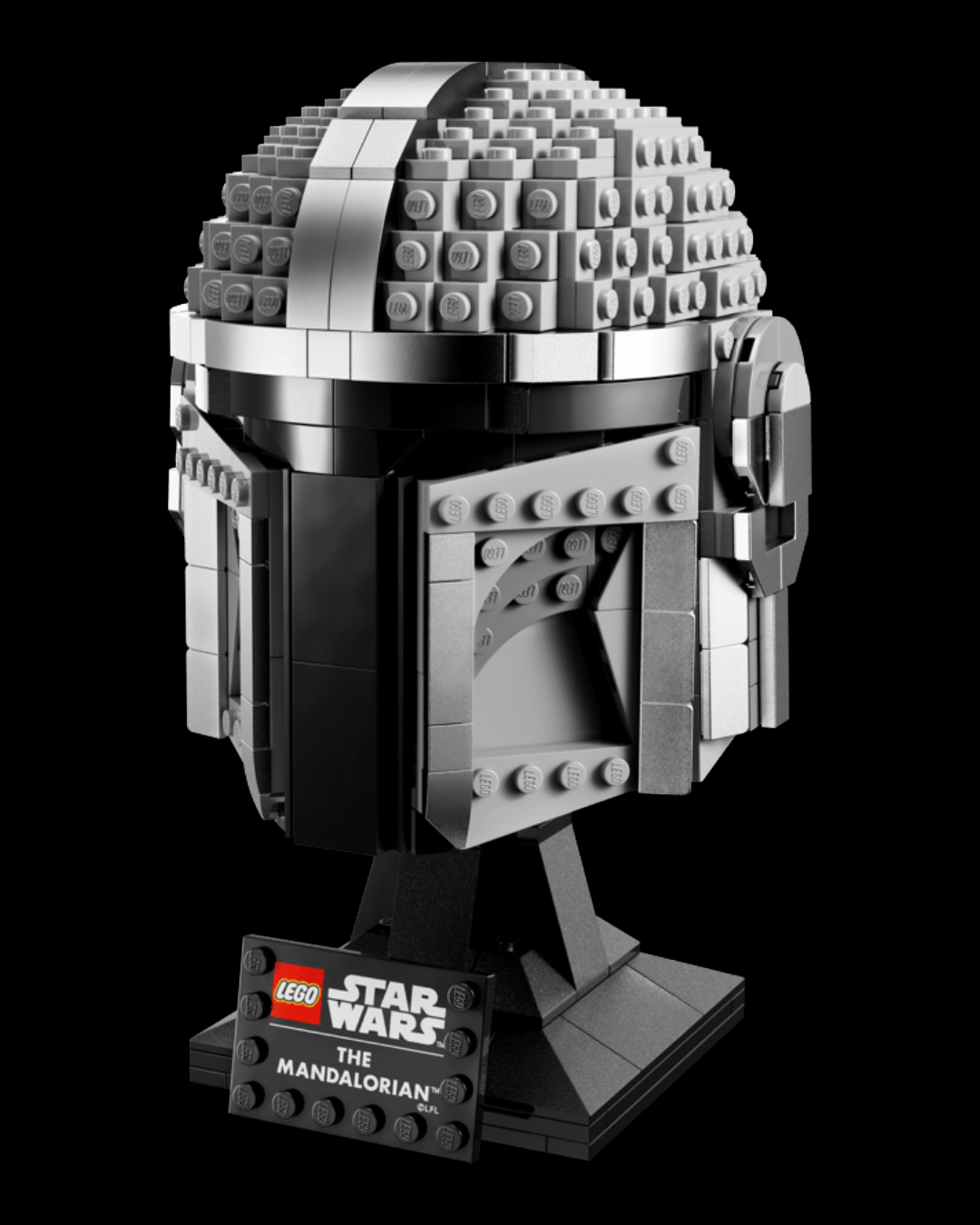 VaultifyUK LEGO Star Wars The Mandalorian beskar helmet display model with brick-built stand and nameplate