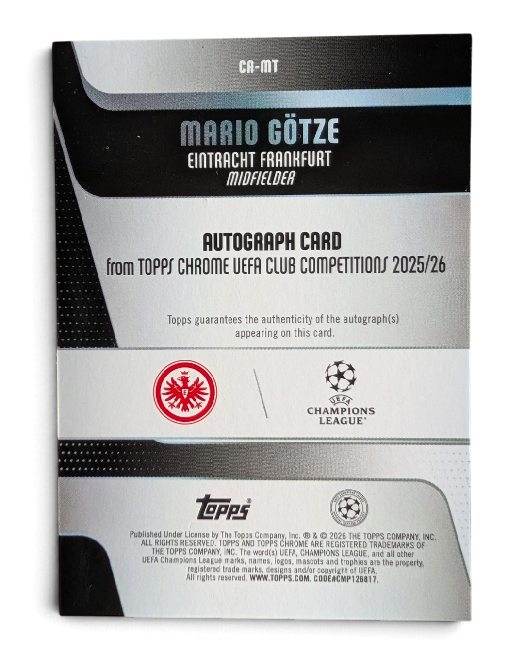VaultifyUK 2025/26 Topps Chrome UEFA Mario Götze autograph card back showing Eintracht Frankfurt and Champions League logos