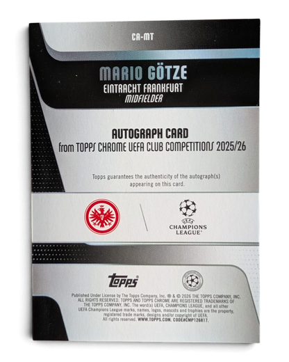 VaultifyUK 2025/26 Topps Chrome UEFA Mario Götze autograph card back showing Eintracht Frankfurt and Champions League logos