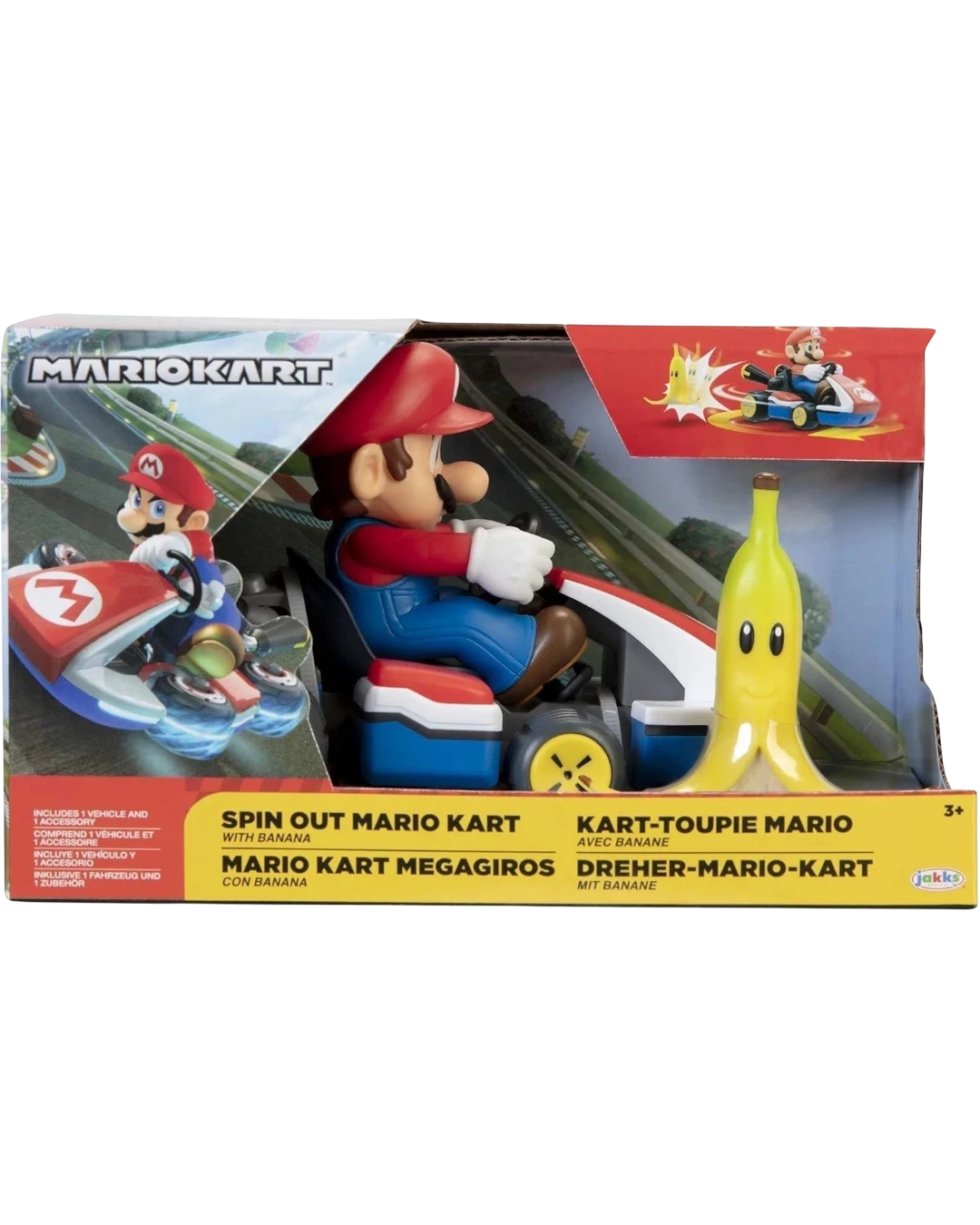 VaultifyUK Nintendo Mario Kart Spin Out Mario figure in a red and white kart with a yellow banana accessory in packaging