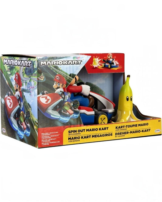 VaultifyUK Nintendo Mario Kart Spin Out Mario toy set with kart and banana accessory in display packaging