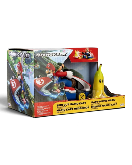 VaultifyUK Nintendo Mario Kart Spin Out Mario toy set with kart and banana accessory in display packaging