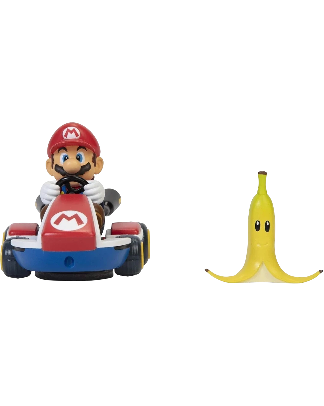 VaultifyUK Nintendo Mario Kart 2.5-inch Mario figure in a red and blue kart with a yellow banana peel accessory