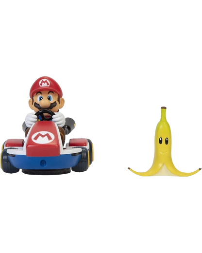 VaultifyUK Nintendo Mario Kart 2.5-inch Mario figure in a red and blue kart with a yellow banana peel accessory