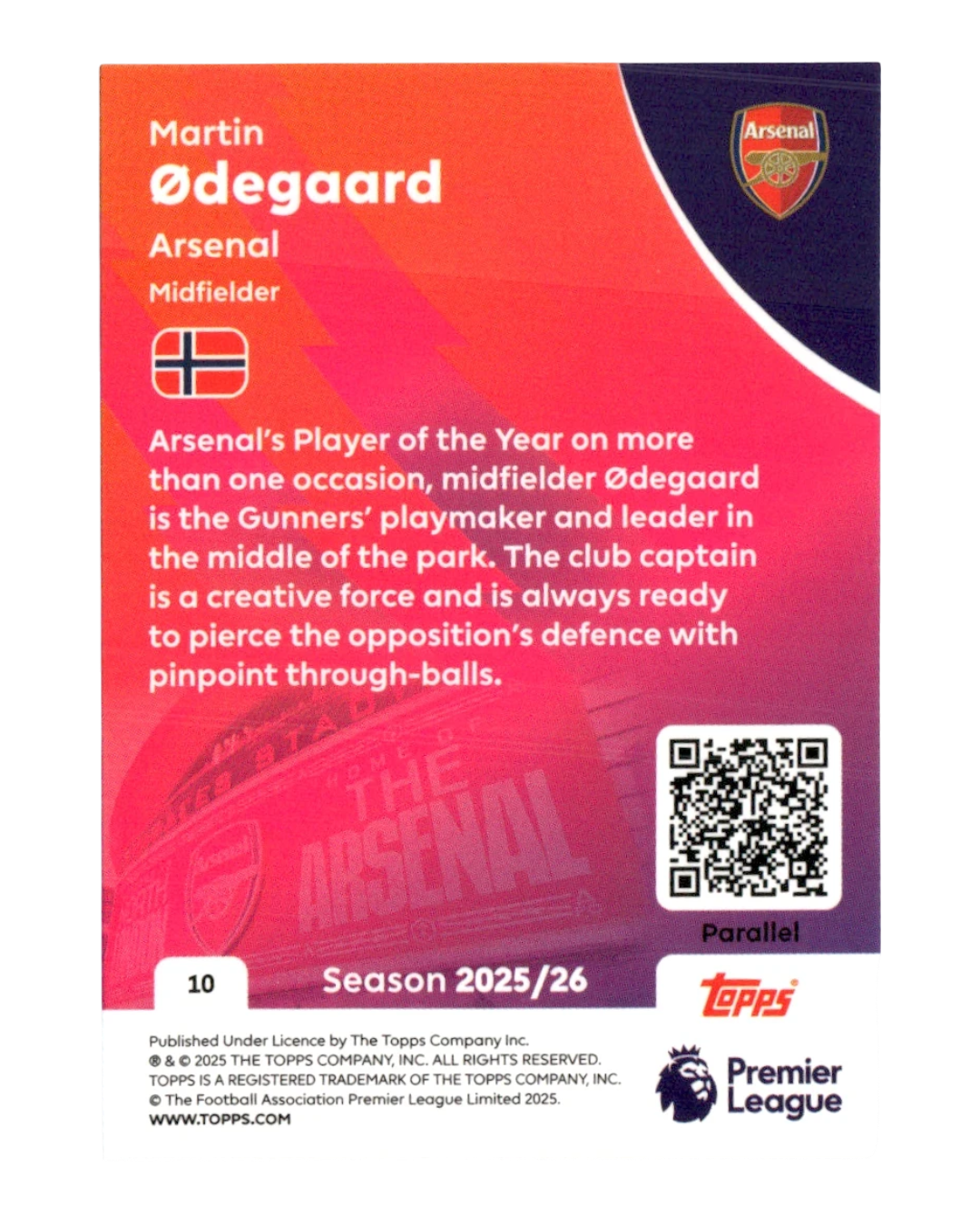 VaultifyUK 2025/26 Topps Premier League Martin Ødegaard football card back featuring Arsenal branding and player stats.