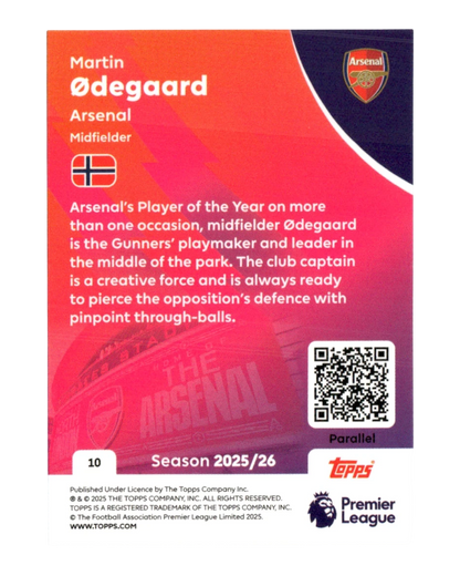 VaultifyUK 2025/26 Topps Premier League Martin Ødegaard football card back featuring Arsenal branding and player stats.