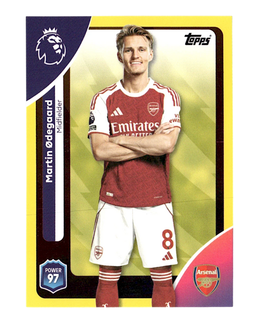 VaultifyUK 2025/26 Topps Premier League Martin Ødegaard football card featuring a yellow parallel design