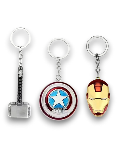 VaultifyUK Marvel Avengers metal keychain set featuring Thor hammer, Captain America shield, and Iron Man helmet