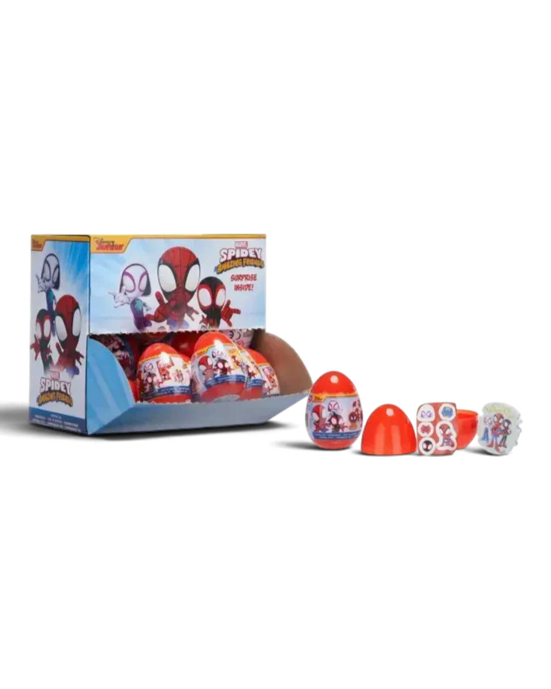 Marvel Spidey and Friends Surprise Egg display box with red plastic eggs and contents shown.