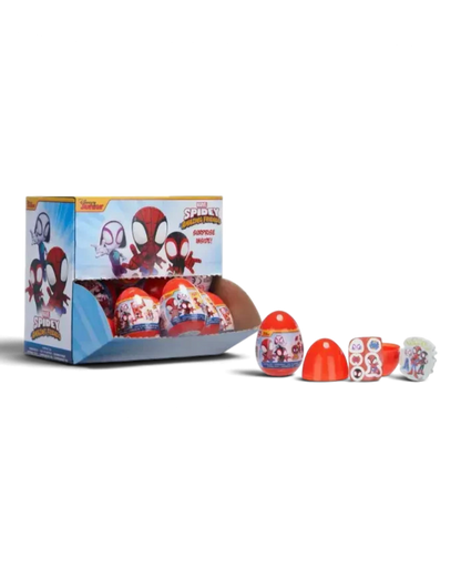 Marvel Spidey and Friends Surprise Egg display box with red plastic eggs and contents shown.