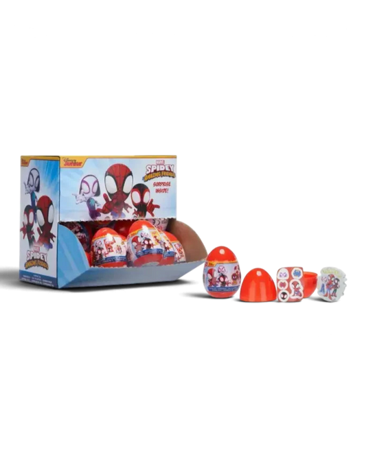 Marvel Spidey and Friends Surprise Egg display box with red plastic eggs and contents shown.